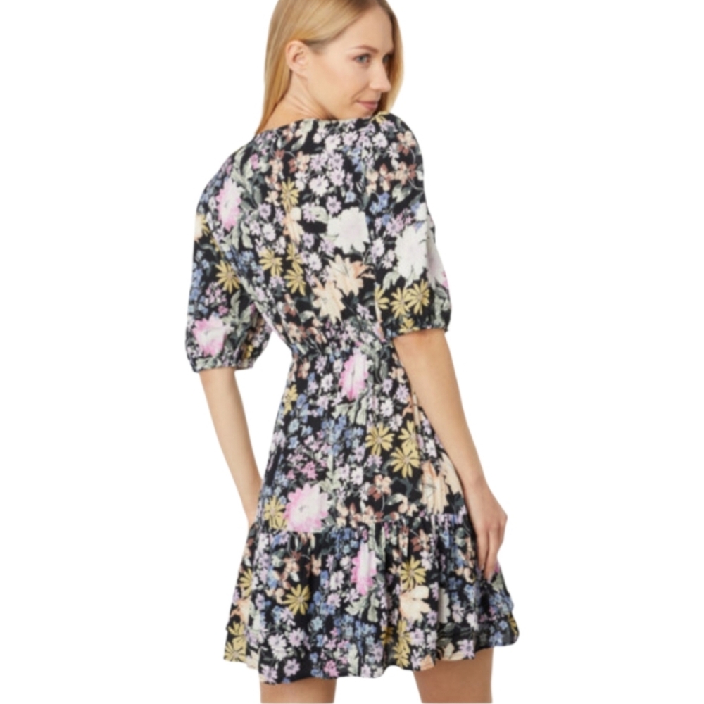 Saltwater Luxe Floral Mini Dress Small Black Pink Boho Tie Front Puff Sleeve - Picture 2 of 13